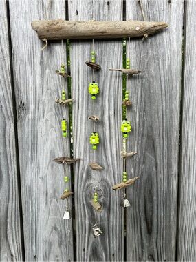 Hand Crafted Bright Lime Green Frog Driftwood Hanging windchime with bells